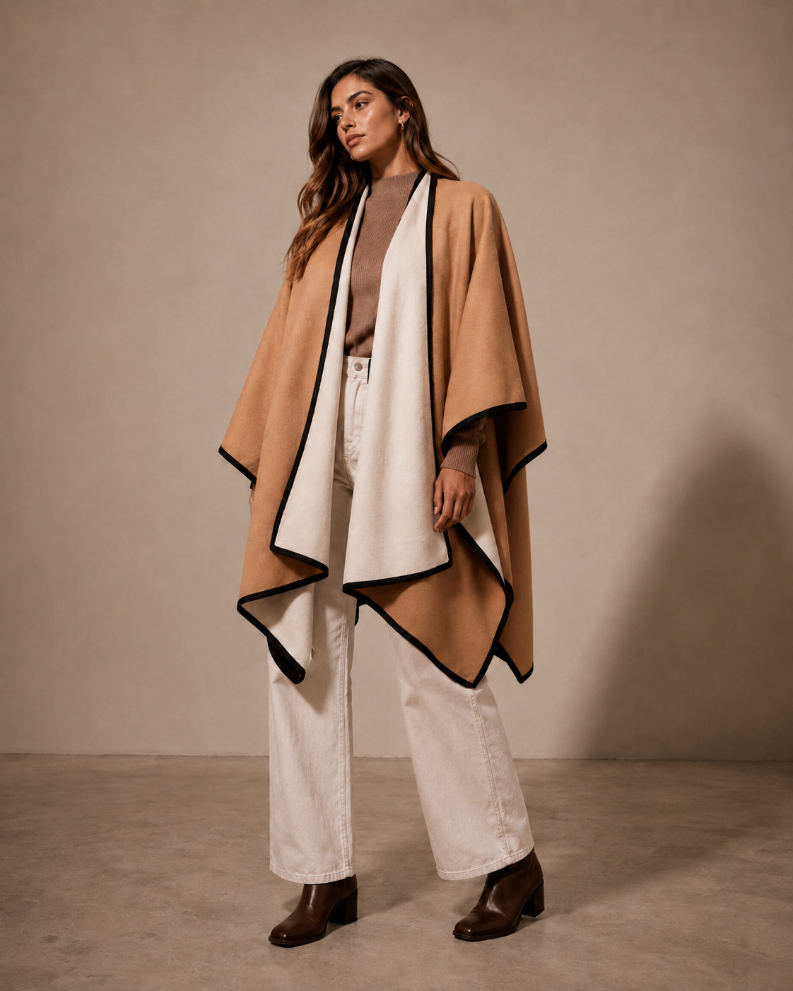 PONCHO LISO CAMEL BLANCO